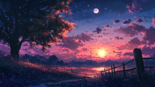 Dual-luminous countryside skyline under cinematic twilight gradient.