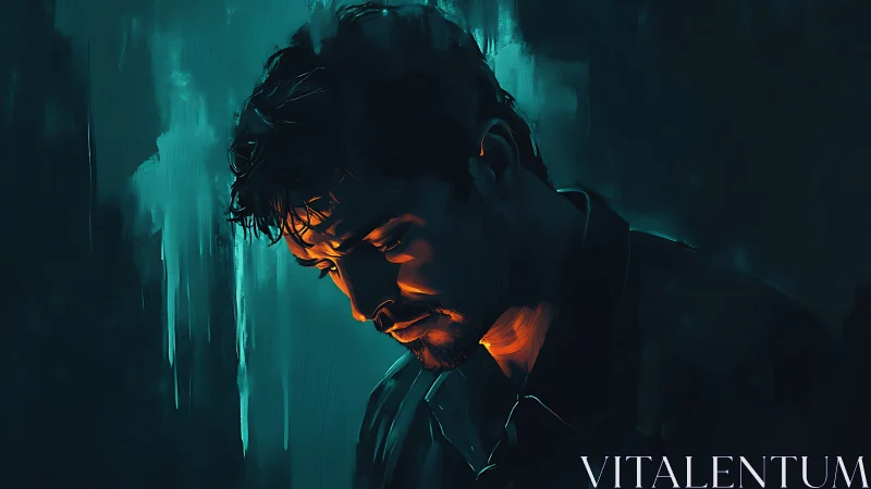 Melancholic male profile rendered in teal and orange chiaroscuro