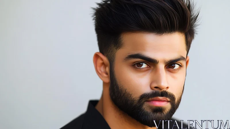 Intense bearded portrait with sharp grooming detail.