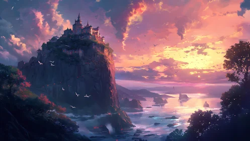 Castle ruins on rocky cliff under dramatic sunset sky with glowing clouds