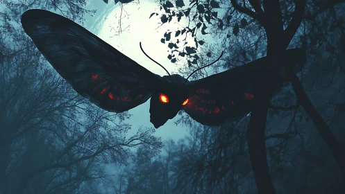 Moonlit forest surrenders to a colossal ember-eyed moth