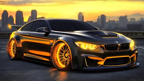 Futuristic black sports coupe glows with neon rims at sunset