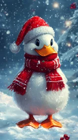 Smiling duck in red Santa hat enjoys gentle winter snowfall