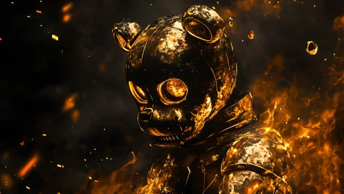Burnished robotic bear engulfed in incandescent flames
