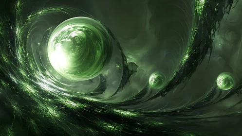 Fractal green energy spheres in swirling digital vortex field.