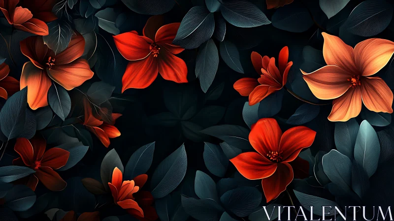Red and orange flowers rendered against dark teal foliage
