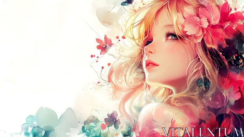 Blossom crowned dreamer rising from a watercolor sunrise.