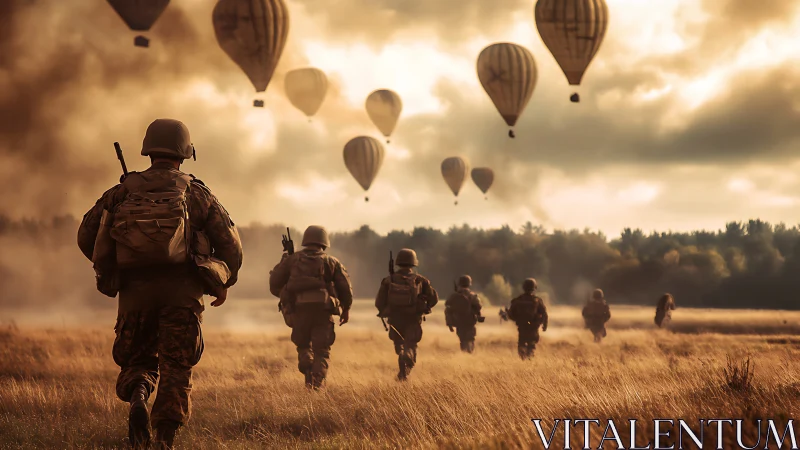 Soldiers advance across field under drifting hot air balloons.