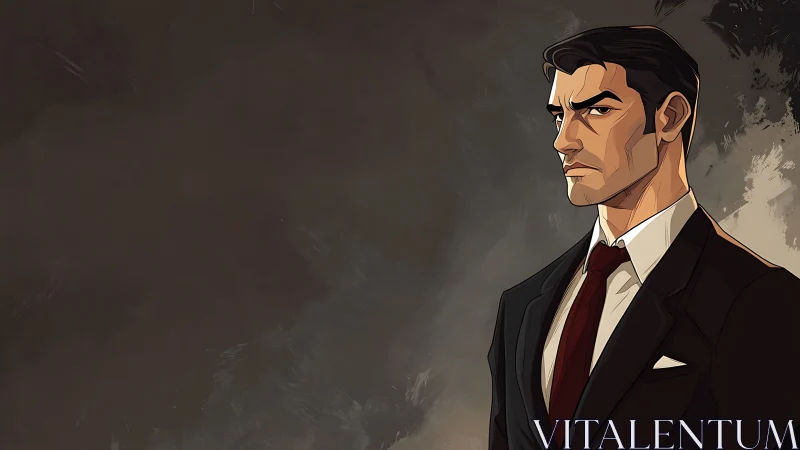 Sharp-suited figure against smoky city shadows backdrop.