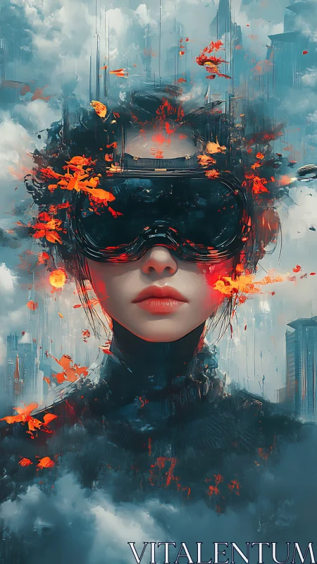 Neon ember dreamer in stormy VR skyline haze portrait.