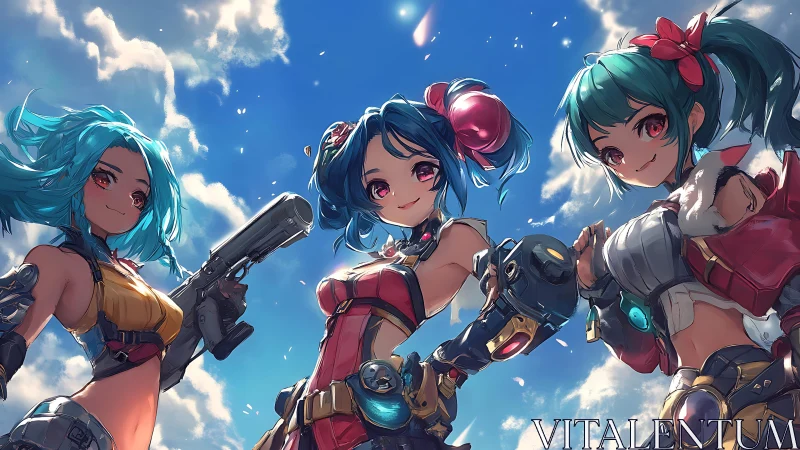 Skyward trio grin while chrome gauntlets catch drifting sun