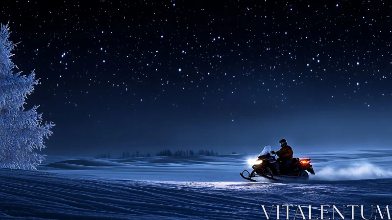 Snowmobile rider crosses frozen landscape under starry sky