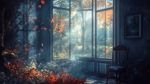 Autumn forest light flooding abandoned window interior scene.