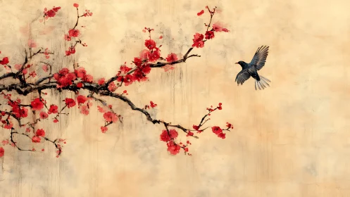 Graceful songbird glides beside a flowering cherry branch