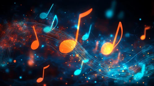 Abstract digital music notes in blue and orange field.