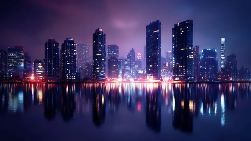 Midnight towers humming over neon-laced harbor glass.