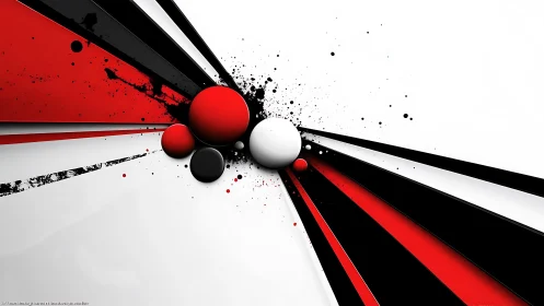 Bold abstract spheres and lines in dynamic red, black, and white style.