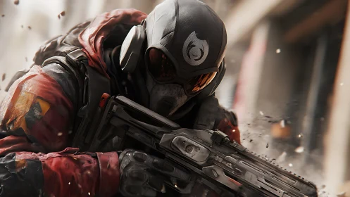 Armored futuristic soldier aiming rifle in urban combat