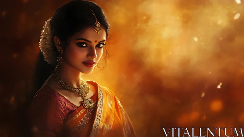 Traditional Indian woman in orange saree against warm light.
