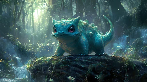 Fantasy forest creature stands watch in glowing waterfall glade