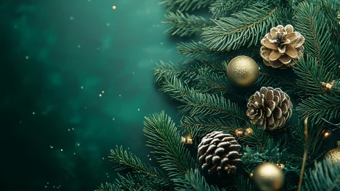 Snow-dusted pinecones and gold ornaments celebrate winter calm.