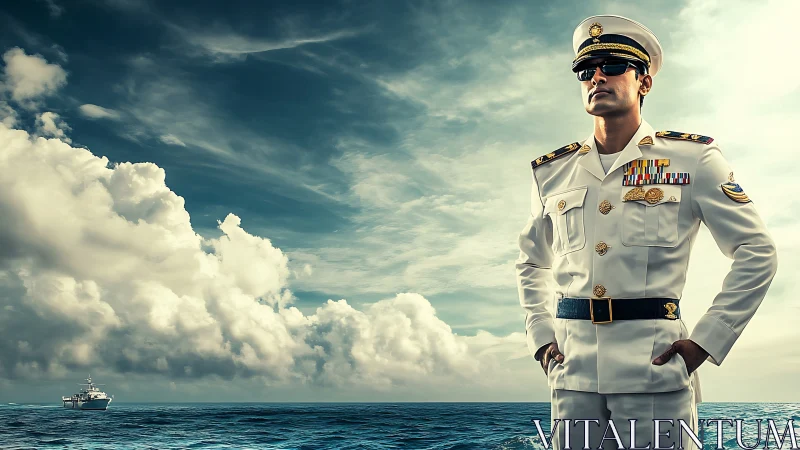 Confident naval officer standing tall above the open sea.
