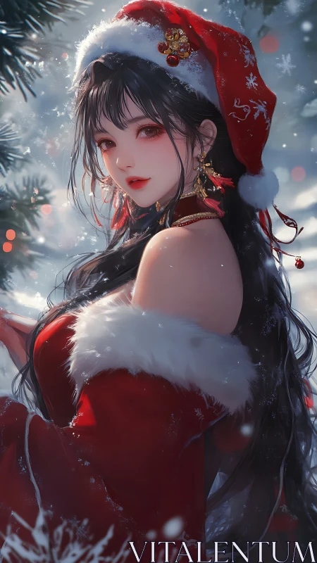 Elegant anime girl in red Santa outfit in snowy scene.