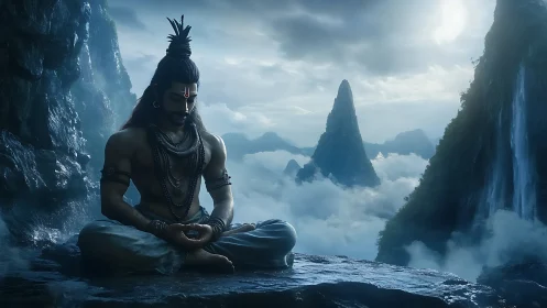 Meditating figure on rocky ledge above misty mountain valley.