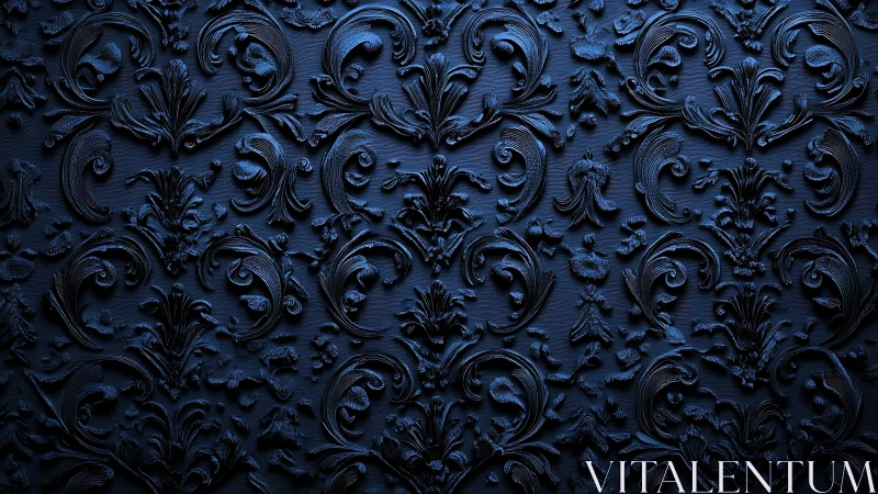Embossed dark blue ornamental floral damask surface pattern.