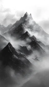 Misty mountain peaks rising through soft swirling clouds.