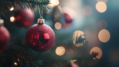 Red glass bauble catches warm festive tree bokeh light.