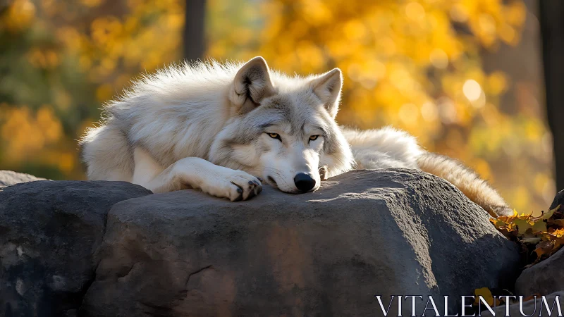 Resting white wolf on sunlit rocks in autumn forestscape.