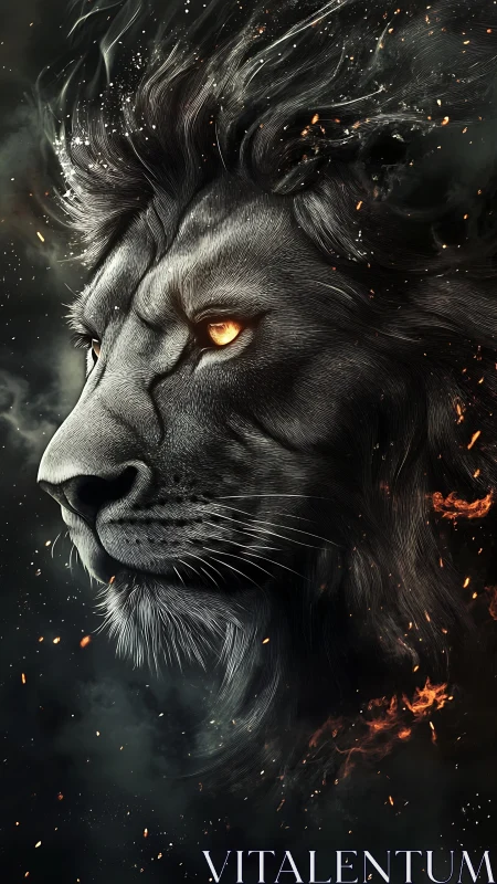 Fiery-eyed black lion emerges from swirling embers and smoke.