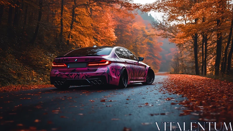 BMW sports sedan with magenta wrap on wet autumn forest road