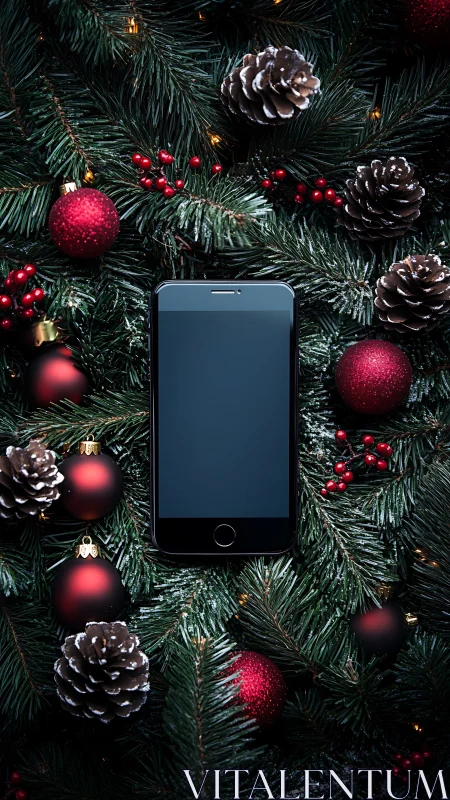 Cozy holiday smartphone nestled in sparkling pine boughs.