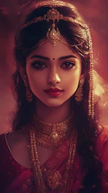 Regal portrait of jeweled Indian woman in warm glow.