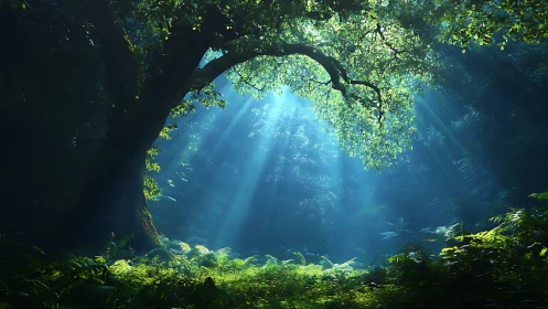 Submerged Cavern with Radiant Light Piercing Dense Forest Canopy.