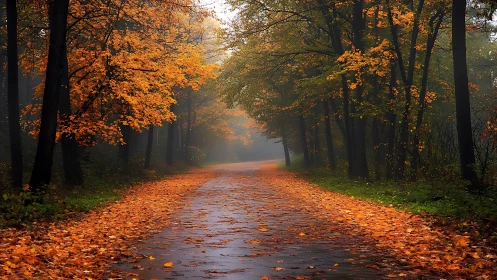 Autumn Forest Corridor with Deciduous Canopy and Wet Asphalt Surface