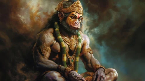 Divine monkey warrior sits in stormy celestial calm.