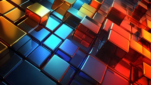3D chromatic cube matrix with reflective gradient surfaces.