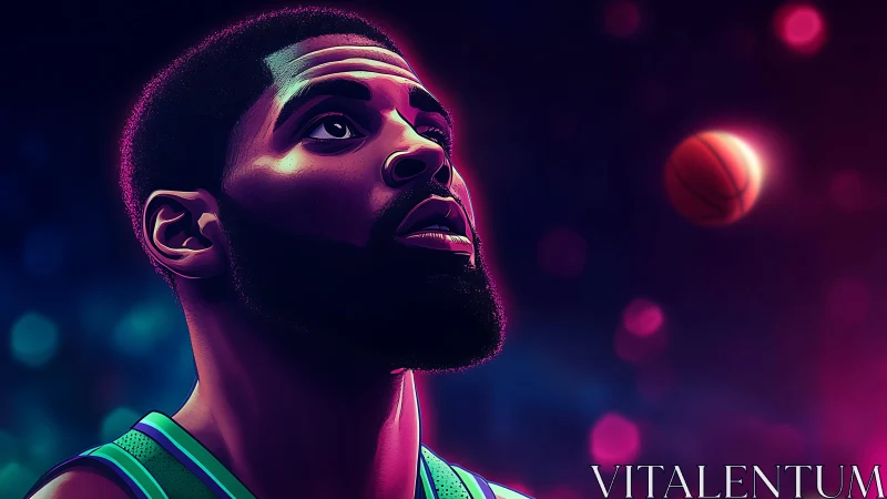 Neon-lit basketball player gazes upward in focused silence.