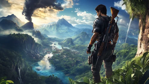 Armed Adventurer Overlooks Expansive Jungle Valley.