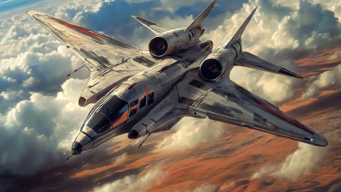 Storm-slicing silver starfighter cruising the cloud canyons.