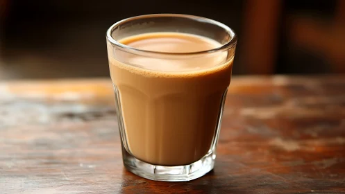 Masala chai glass rests on rustic wooden caf&eacute; table.