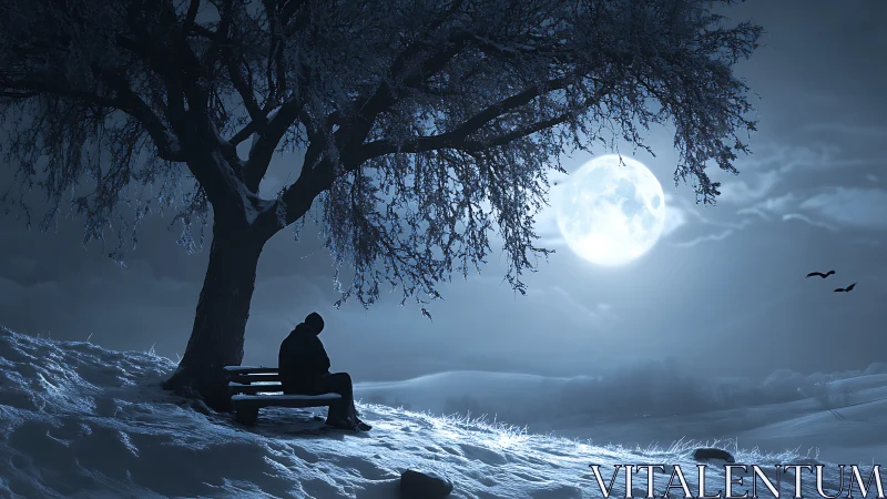 Moon-drenched loner beneath a frostbitten winter tree.