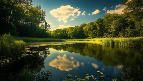 Riparian wetland pond with specular cloud reflections at dusk.