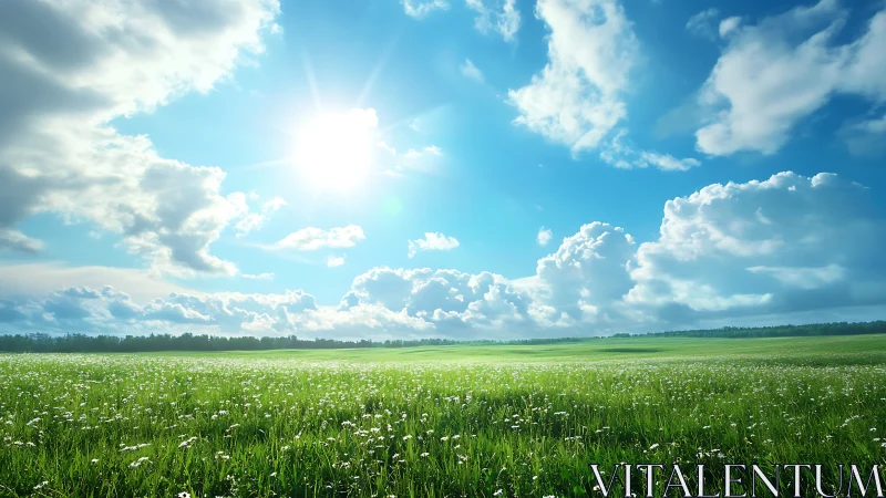 Sunlit grass field extends to distant tree line under clouds