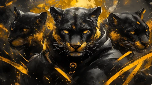 Three Black Panthers Golden Fire Aggressive Intensity.