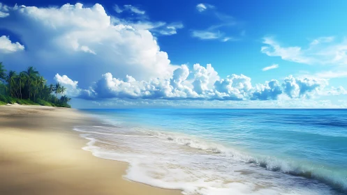Soft waves and bright clouds welcome a peaceful tropical day