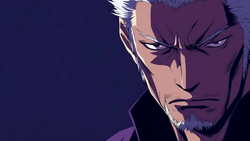 Stoic silver‑haired warrior in hard-edged anime chiaroscuro.